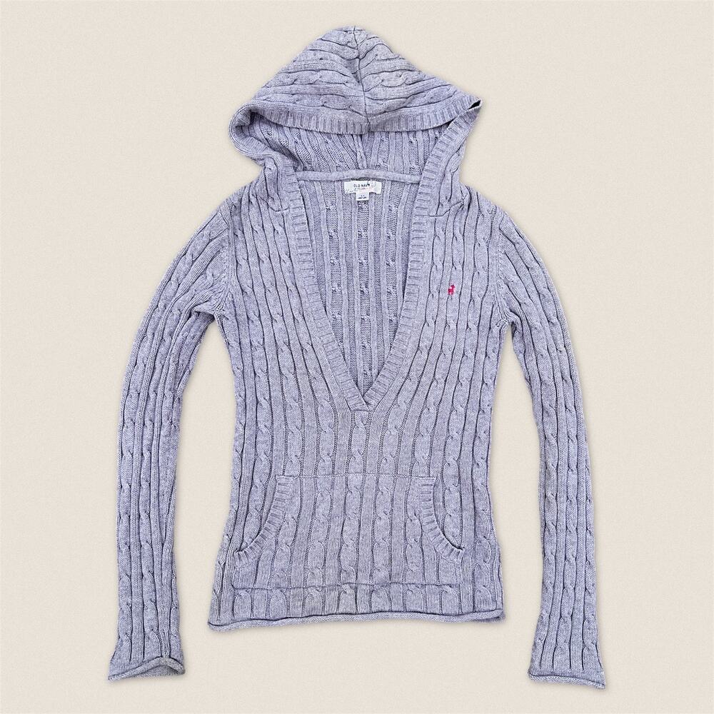 Y2K Sweater Hoodie Gray Old Navy Cable Knit V-Neck Pocket XS Bella Swan Elena